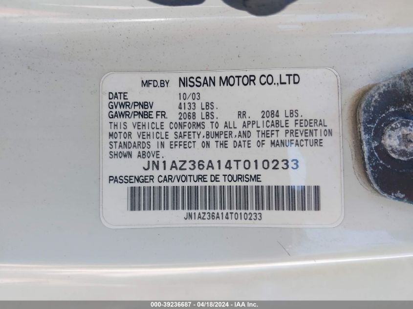 2004 Nissan 350Z Touring VIN: JN1AZ36A14T010233 Lot: 39236687
