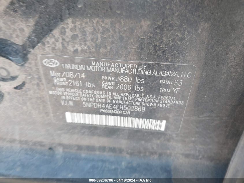 2014 Hyundai Elantra Se VIN: 5NPDH4AE4EH502869 Lot: 39236706