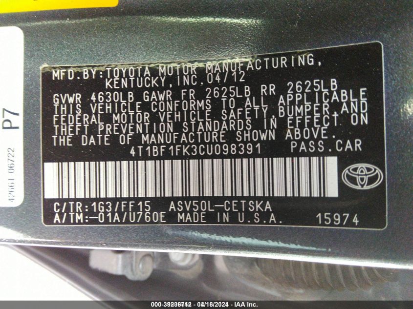 4T1BF1FK3CU098391 2012 Toyota Camry Se