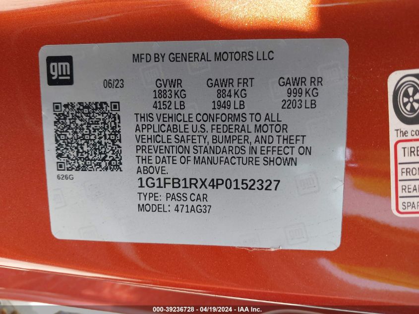 2023 Chevrolet Camaro Rwd 1Lt VIN: 1G1FB1RX4P0152327 Lot: 39236728