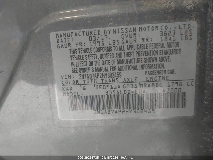 VIN 3N1AB7AP2HY302459 2017 NISSAN SENTRA SV