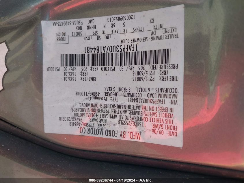 1FAFP53U07A184481 | 2007 FORD TAURUS