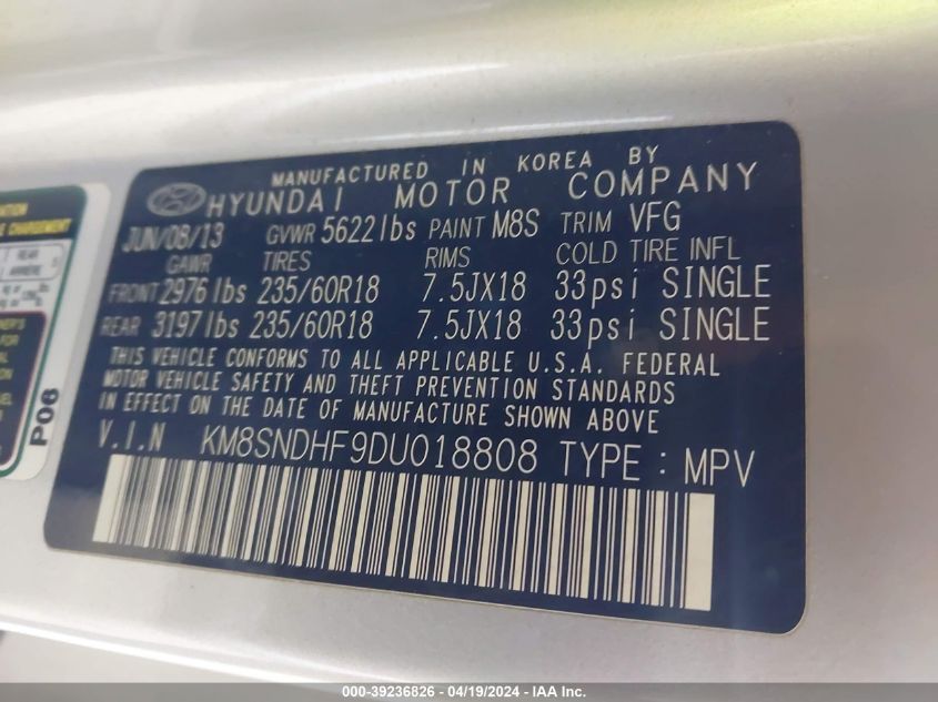 2013 Hyundai Santa Fe Gls VIN: KM8SNDHF9DU018808 Lot: 39236826