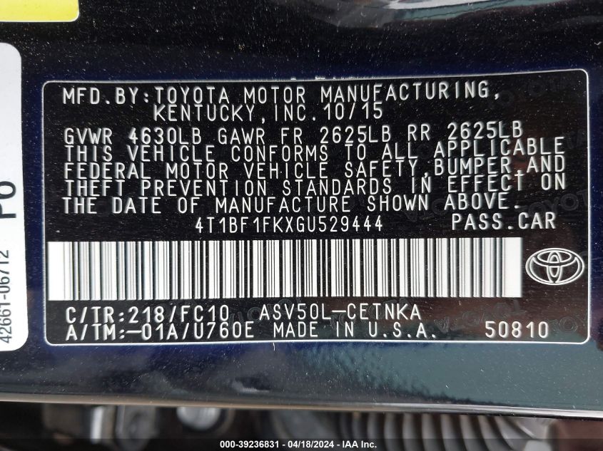 2016 Toyota Camry Le VIN: 4T1BF1FKXGU529444 Lot: 39236831