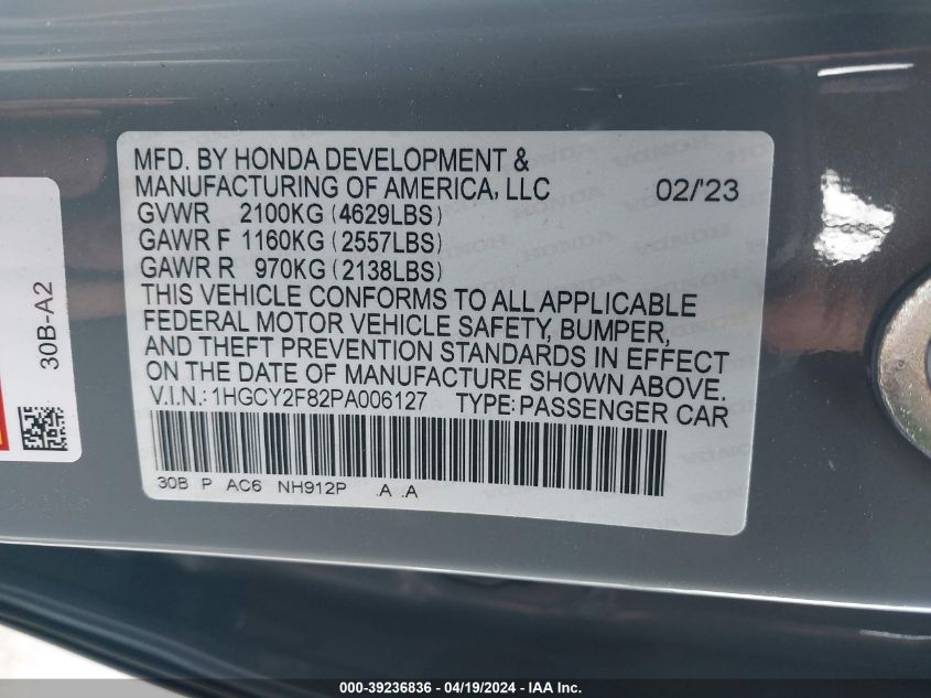 2023 Honda Accord Hybrid Touring VIN: 1HGCY2F82PA006127 Lot: 50857854