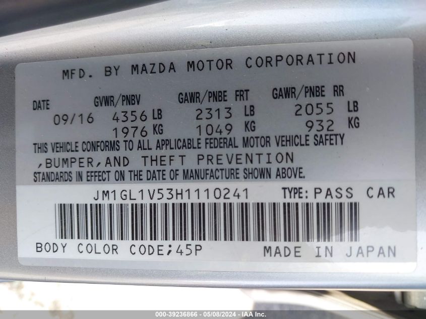 2017 Mazda Mazda6 Touring VIN: JM1GL1V53H1110241 Lot: 39236866