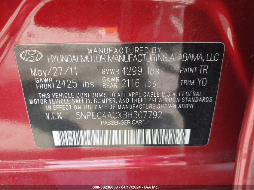 2011 Hyundai Sonata Limited VIN: 5NPEC4ACXBH307792 Lot: 39236869