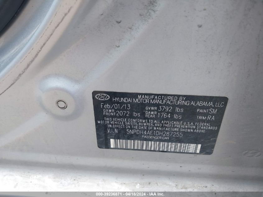 2013 Hyundai Elantra Gls VIN: 5NPDH4AE1DH287255 Lot: 39220341