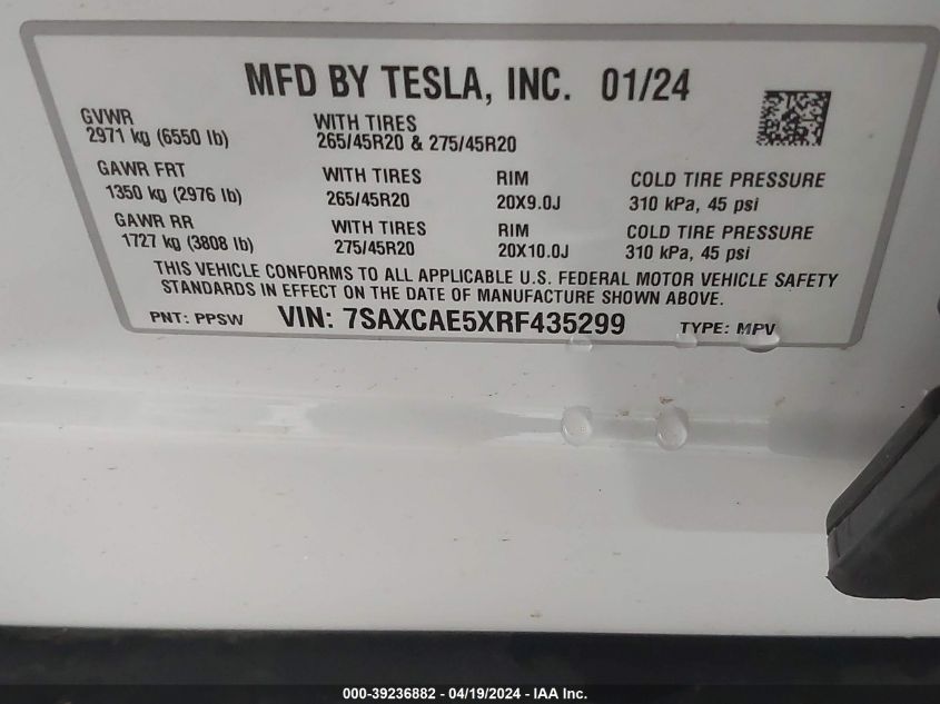 2024 Tesla Model X Long Range VIN: 7SAXCAE5XRF435299 Lot: 39236882