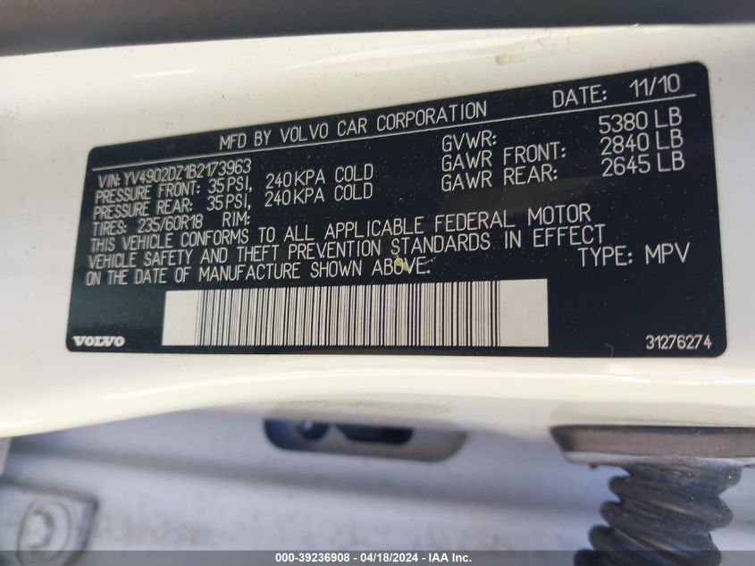 2011 Volvo Xc60 T6/T6 R-Design VIN: YV4902DZ1B2173963 Lot: 39236908
