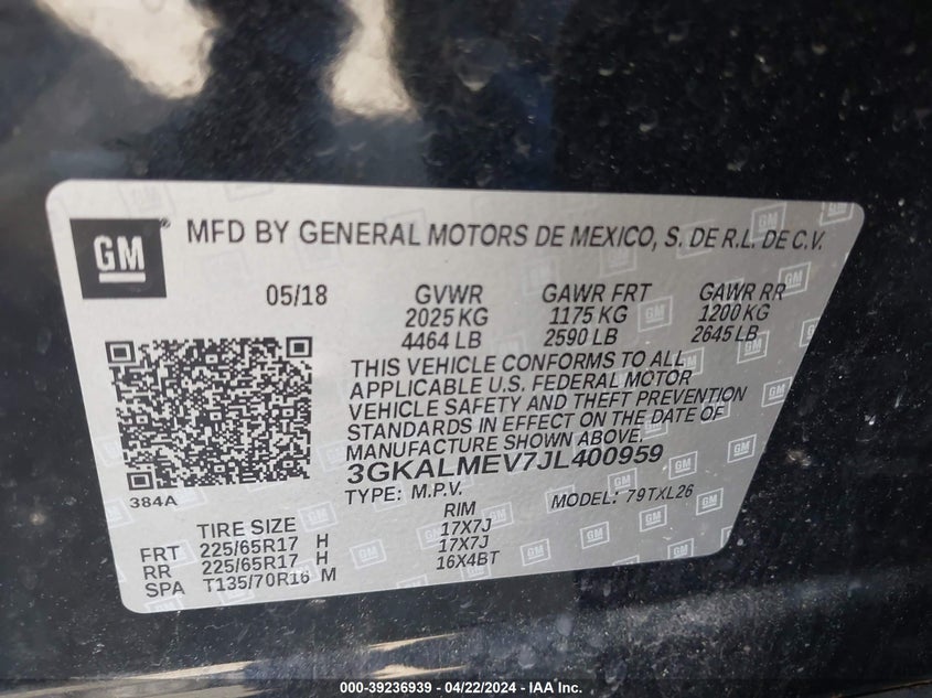 VIN 3GKALMEV7JL400959 2018 GMC TERRAIN SLE