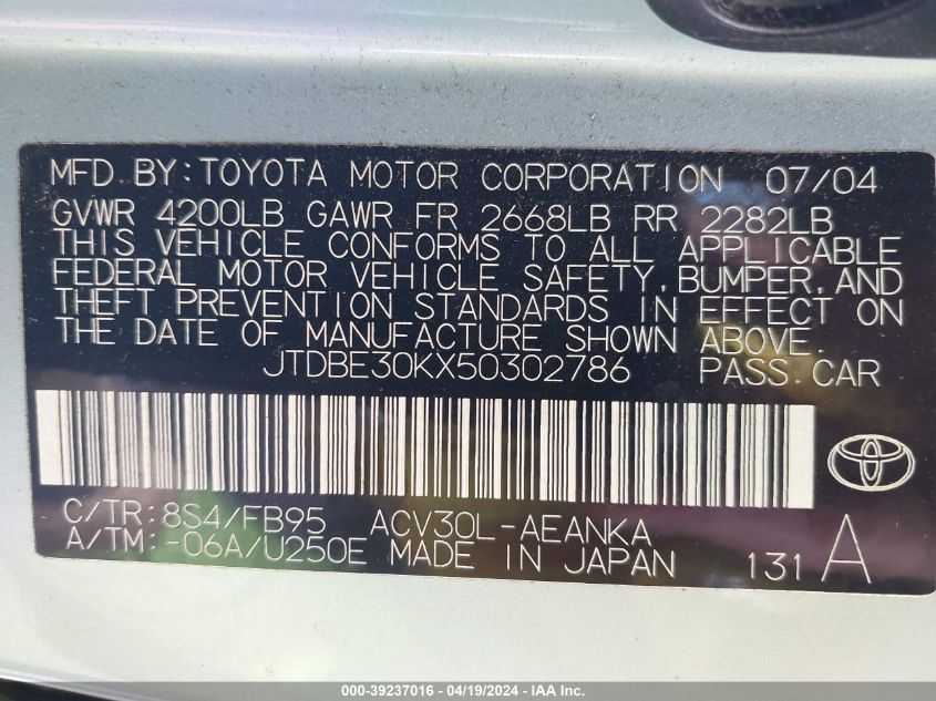 JTDBE30KX50302786 2005 Toyota Camry Le/Se/Xle