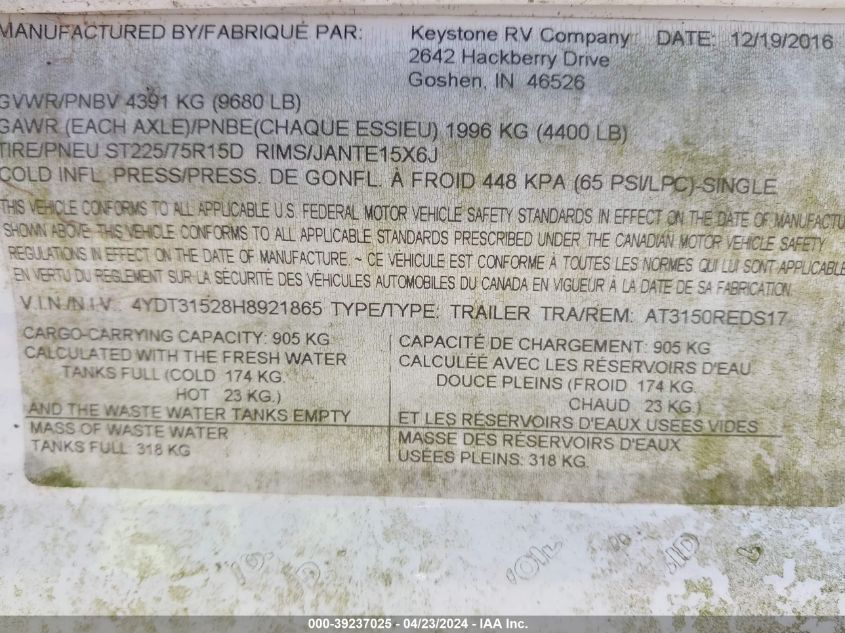 2017 Keystone Aspen Trail 3150Reds VIN: 4YDT31528H8921865 Lot: 39237025