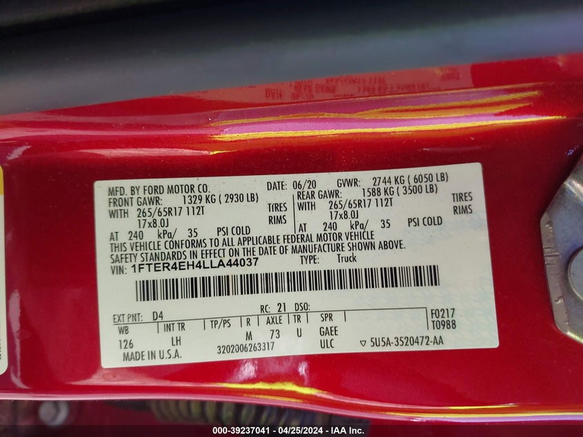 2020 FORD RANGER XLT - 1FTER4EH4LLA44037