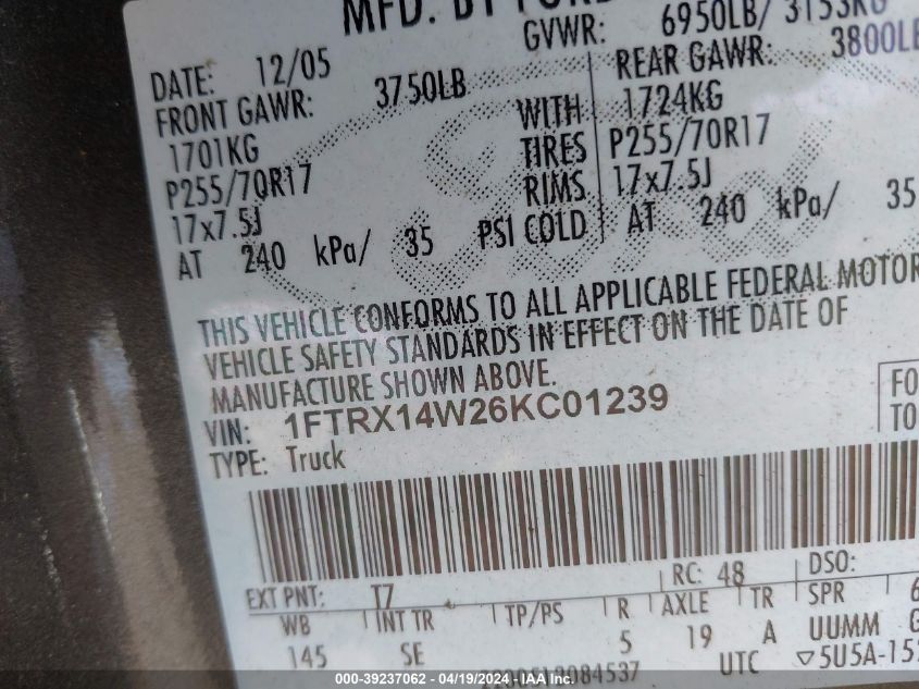 2006 Ford F-150 Stx/Xl/Xlt VIN: 1FTRX14W26KC01239 Lot: 39237062