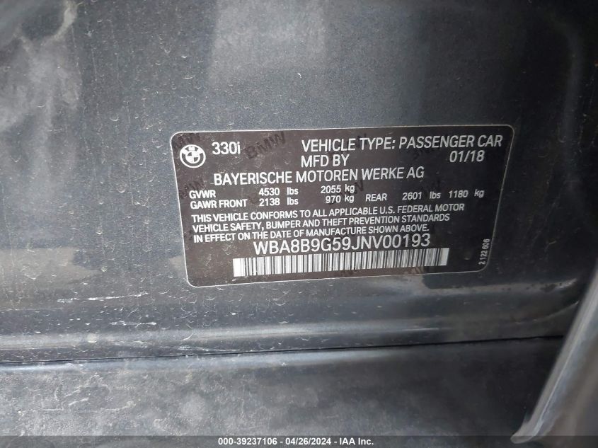 2018 BMW 330I VIN: WBA8B9G59JNV00193 Lot: 39237106