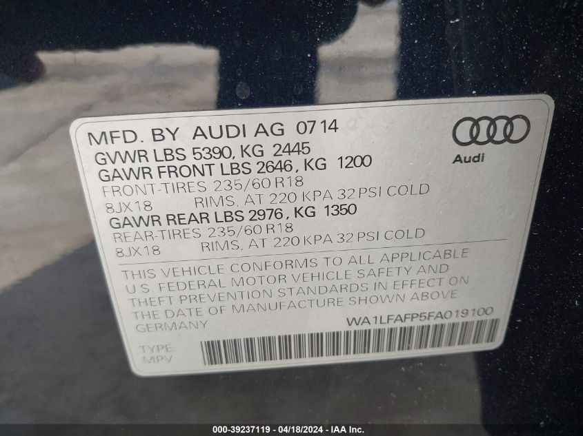 2015 Audi Q5 2.0T Premium VIN: WA1LFAFP5FA019100 Lot: 67080982