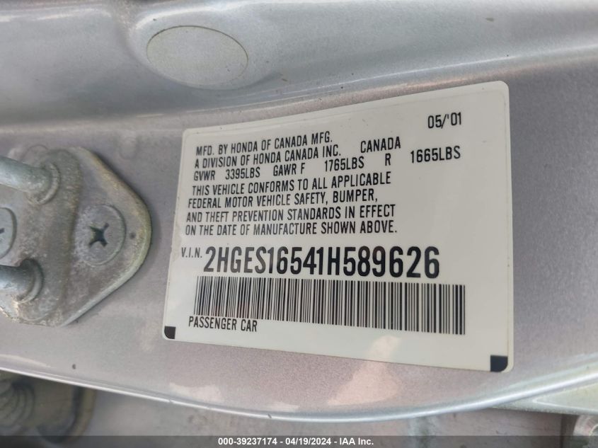 2HGES16541H589626 | 2001 HONDA CIVIC