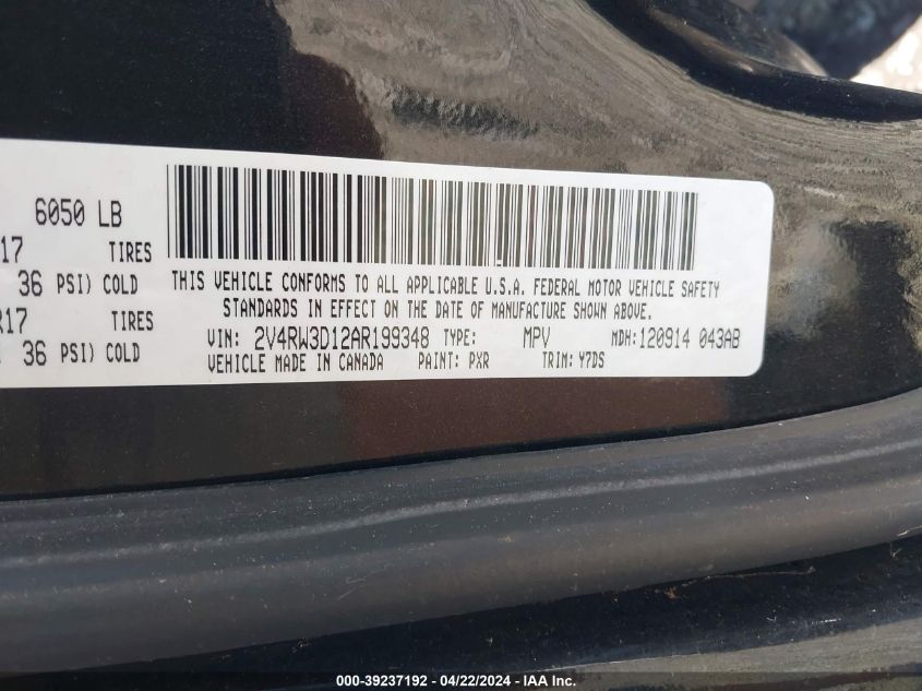 2010 Volkswagen Routan Se VIN: 2V4RW3D12AR199348 Lot: 39237192