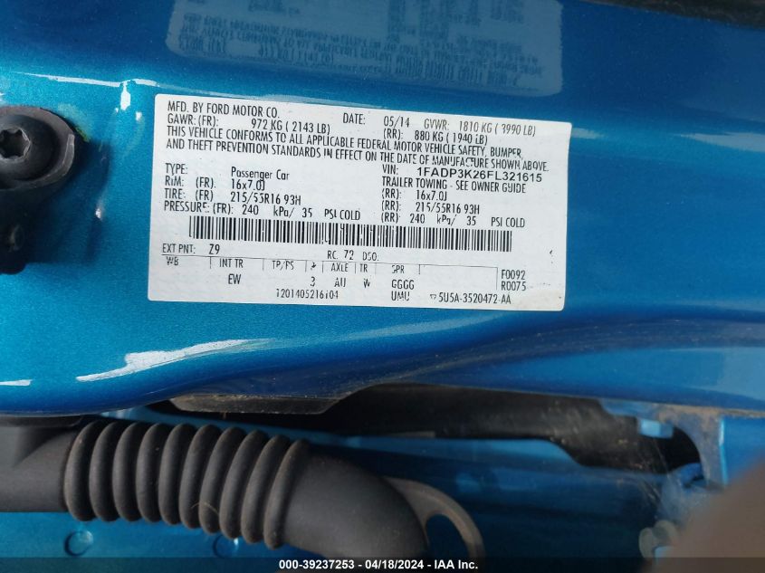 2014 Ford Focus Se VIN: 1FADP3K26EL321615 Lot: 39220006