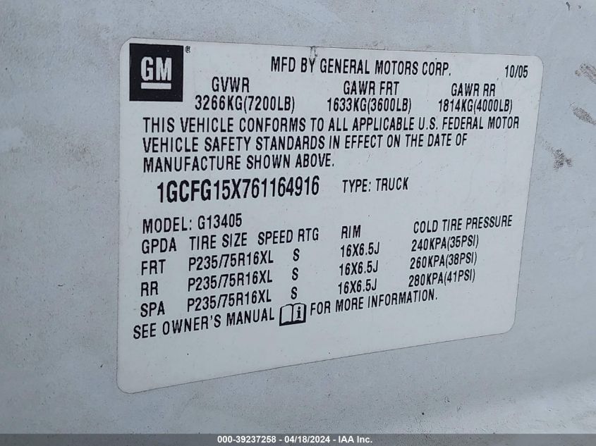 2006 Chevrolet Express Work Van VIN: 1GCFG15X761164916 Lot: 39237258