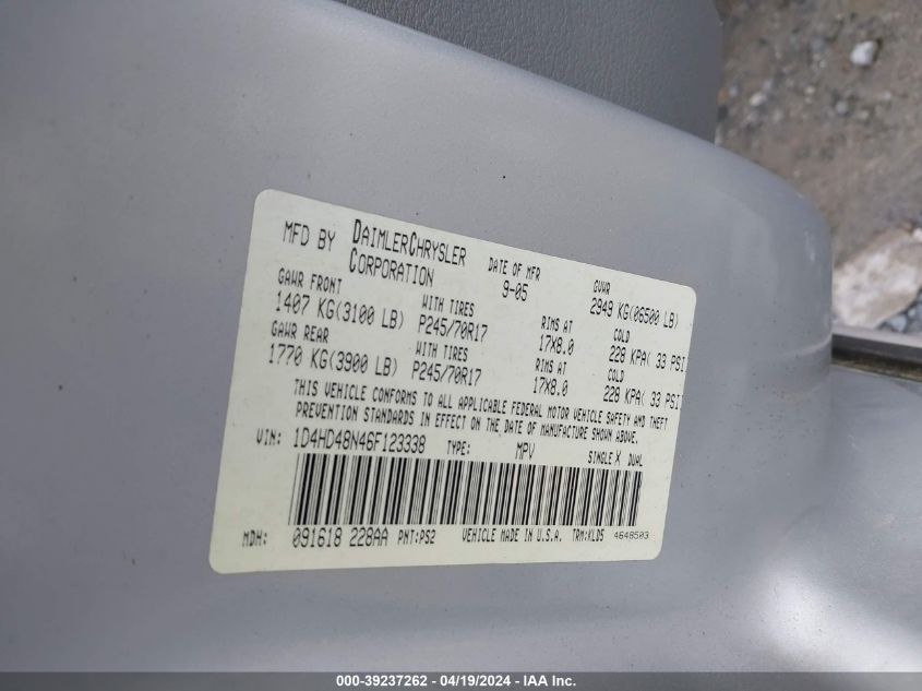 2006 Dodge Durango Slt VIN: 1D4HD48N46F123338 Lot: 39237262