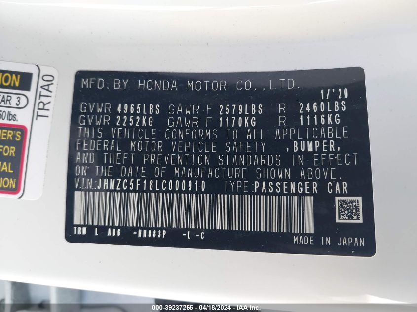 2020 Honda Clarity Plug-In Hybrid VIN: JHMZC5F18LC000910 Lot: 39237265
