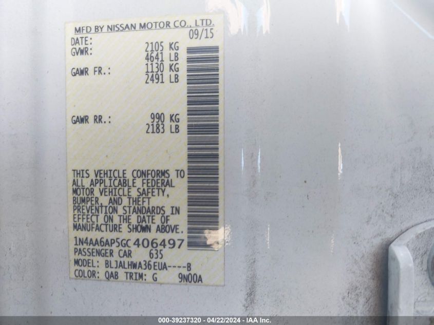 2016 Nissan Maxima 3.5 Platinum VIN: 1N4AA6AP5GC406497 Lot: 49405434