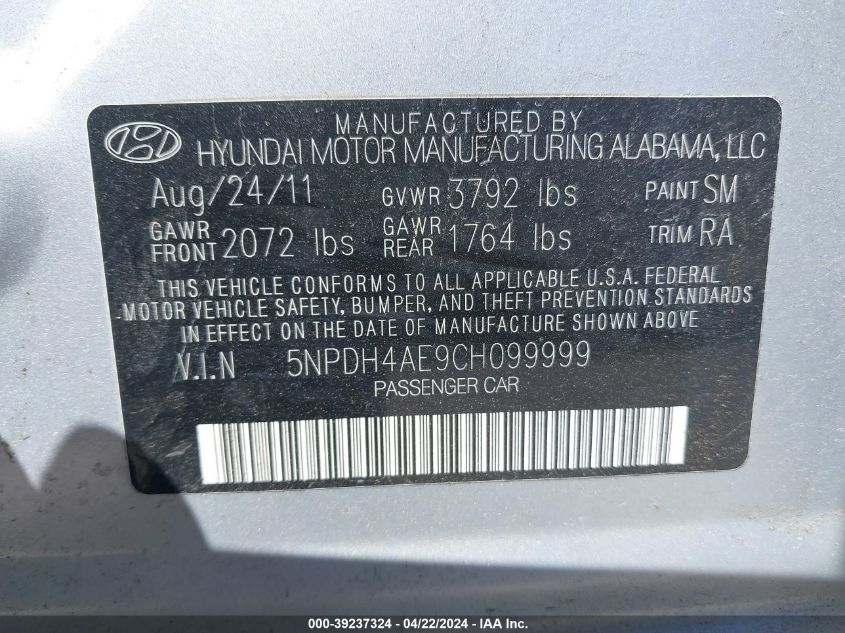 2012 Hyundai Elantra Gls VIN: 5NPDH4AE9CH099999 Lot: 51447864