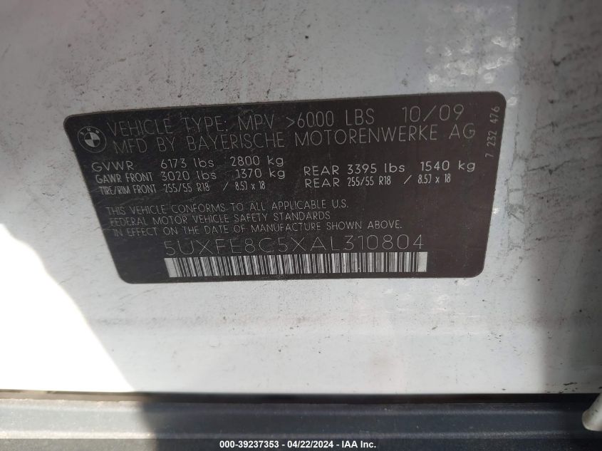 2010 BMW X5 xDrive48I VIN: 5UXFE8C5XAL310804 Lot: 39237353