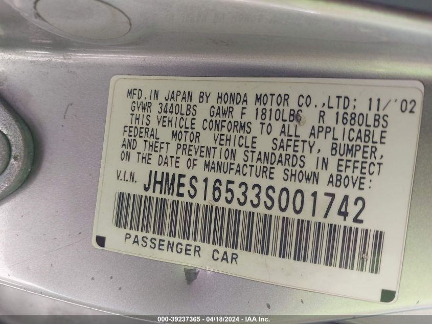 2003 Honda Civic Lx VIN: JHMES16533S001742 Lot: 39237365