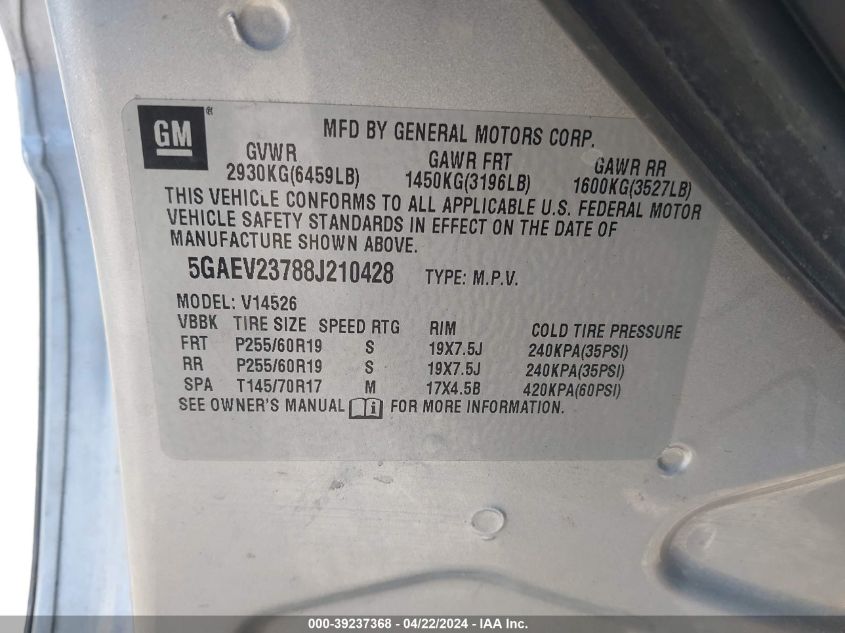 2008 Buick Enclave Cxl VIN: 5GAEV23788J210428 Lot: 39237368