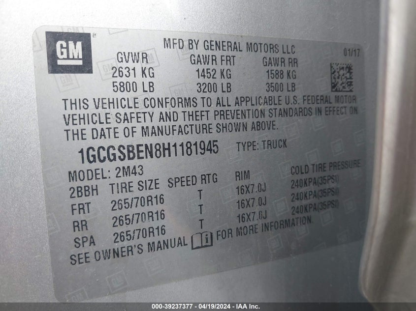 VIN 1GCGSBEN8H1181945 2017 CHEVROLET COLORADO