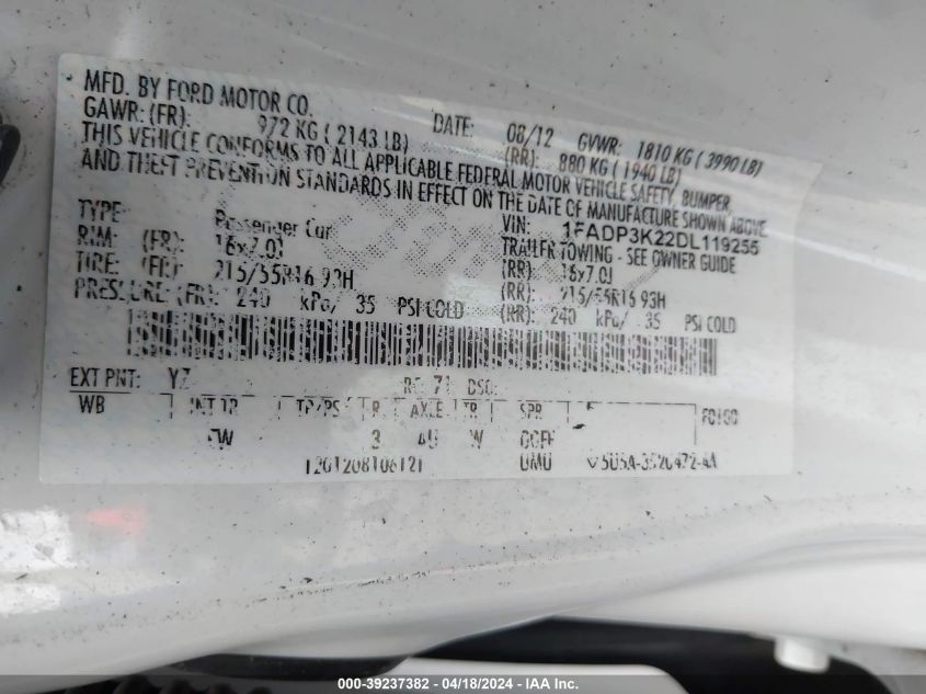 2013 Ford Focus Se VIN: 1FADP3K22DL119255 Lot: 39237382