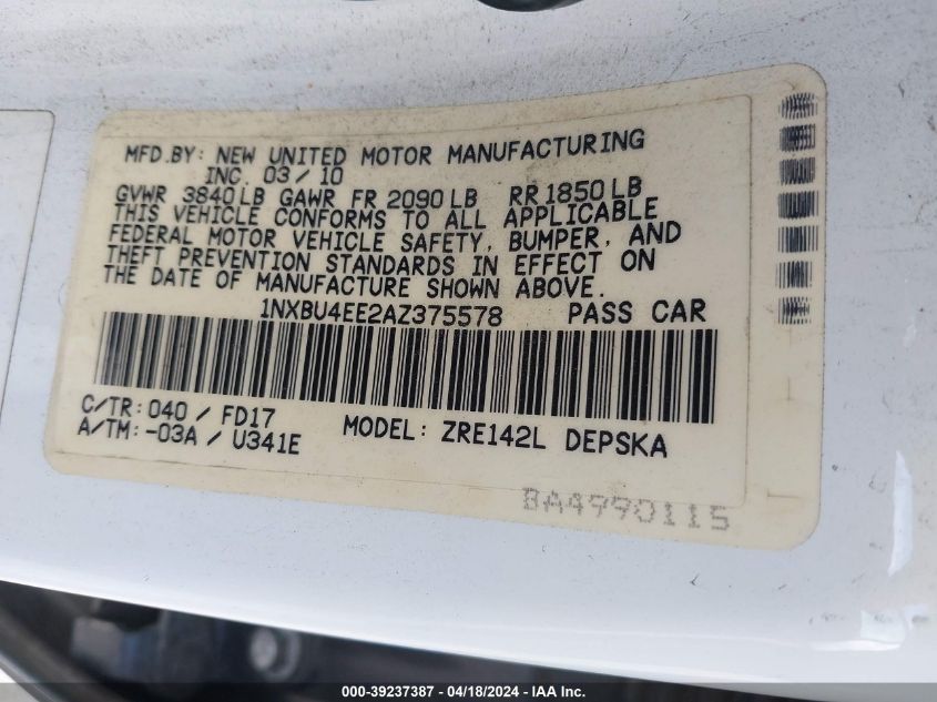 2010 Toyota Corolla S VIN: 1NXBU4EE2AZ375578 Lot: 39237387