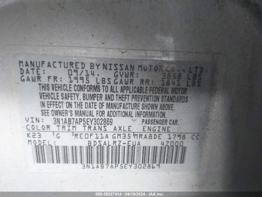 2014 Nissan Sentra Sr VIN: 3N1AB7AP5EY302869 Lot: 39220816