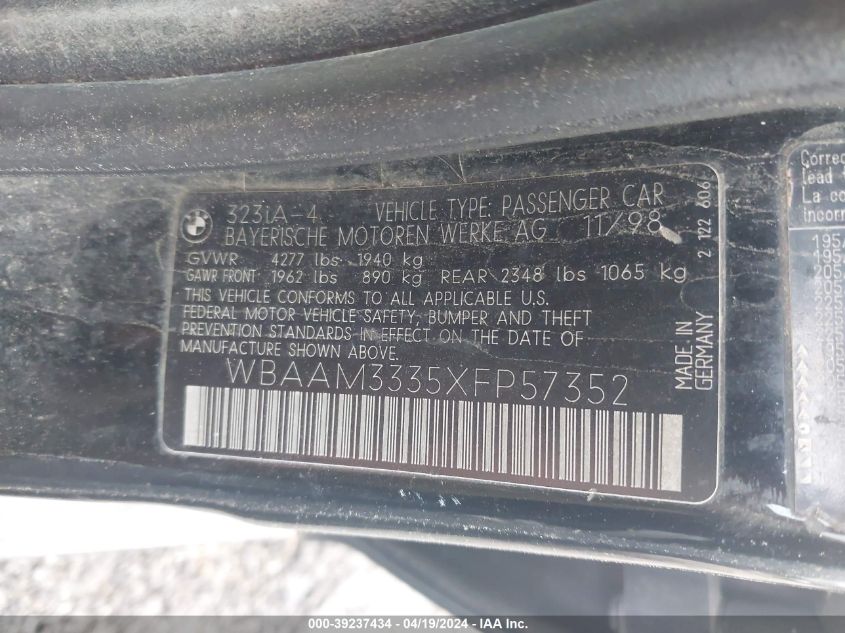1999 BMW 323I VIN: WBAAM3335XFP57352 Lot: 39220297
