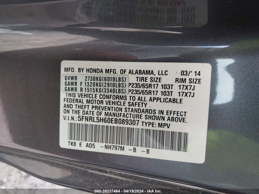 2014 Honda Odyssey Ex-L VIN: 5FNRL5H60EB089307 Lot: 39237464