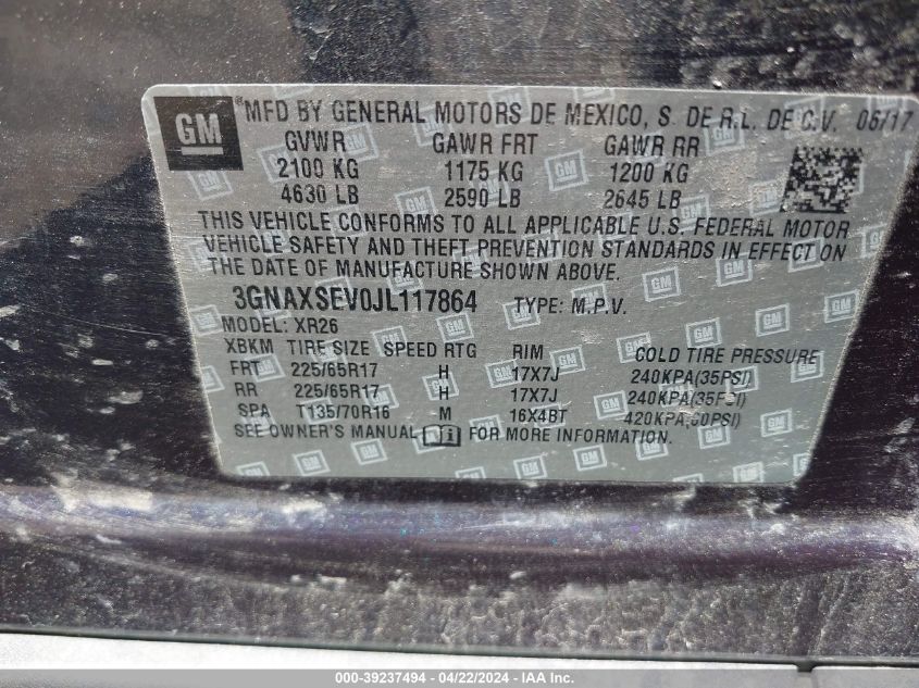 2018 Chevrolet Equinox Lt VIN: 3GNAXSEV0JL117864 Lot: 39237494