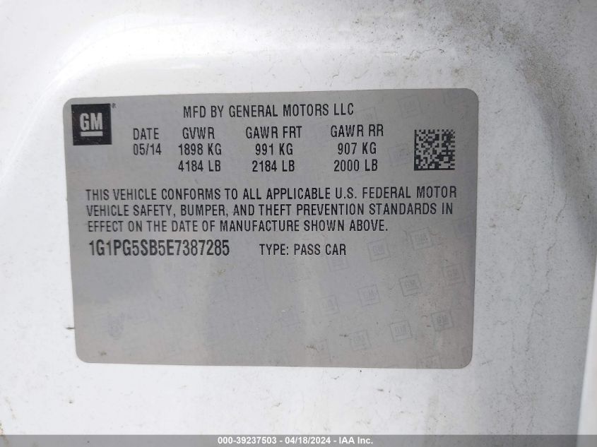 2014 Chevrolet Cruze Ltz VIN: 1G1PG5SB5E7387285 Lot: 39237503