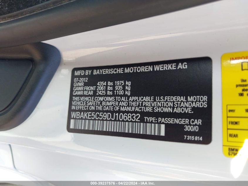 2013 BMW 328I VIN: WBAKE5C59DJ106832 Lot: 39237576