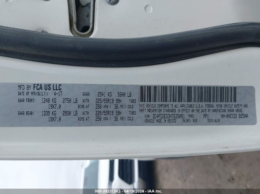 2017 Dodge Journey Gt Awd VIN: 3C4PDDEG3HT635051 Lot: 39237583