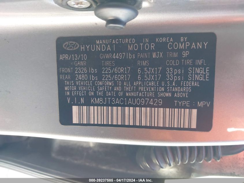 2010 Hyundai Tucson Gls VIN: KM8JT3AC1AU097429 Lot: 39237585