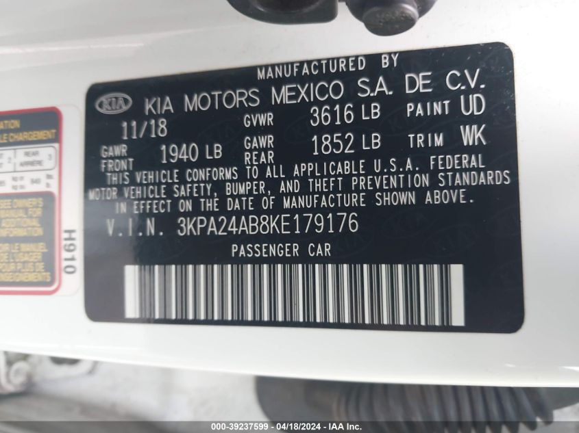 2019 Kia Rio S VIN: 3KPA24AB8KE179176 Lot: 39237599