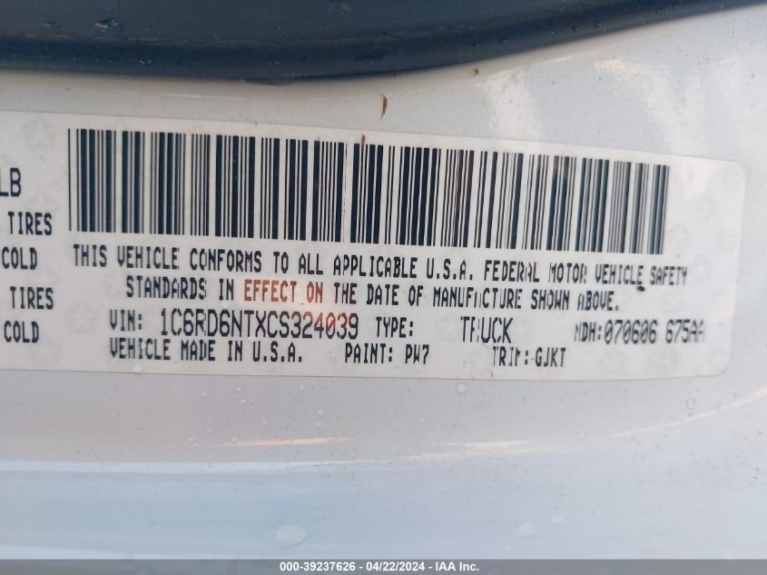 2012 Ram 1500 Laramie VIN: 1C6RD6NTXCS324039 Lot: 51156354