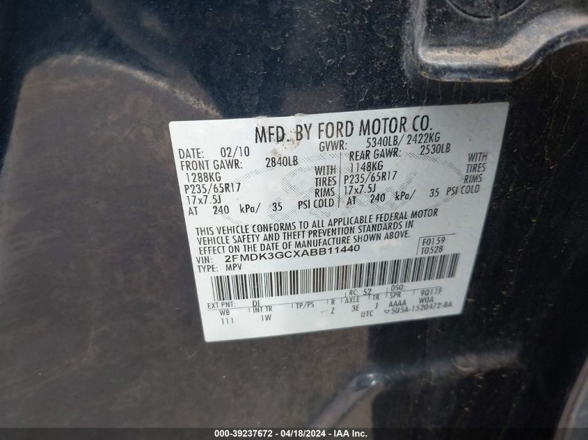 2010 Ford Edge Se VIN: 2FMDK3GCXABB11440 Lot: 39237672