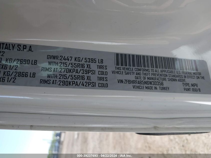 2022 Ram Promaster City Cargo Van VIN: ZFBHRFAB5N6W30356 Lot: 46057434