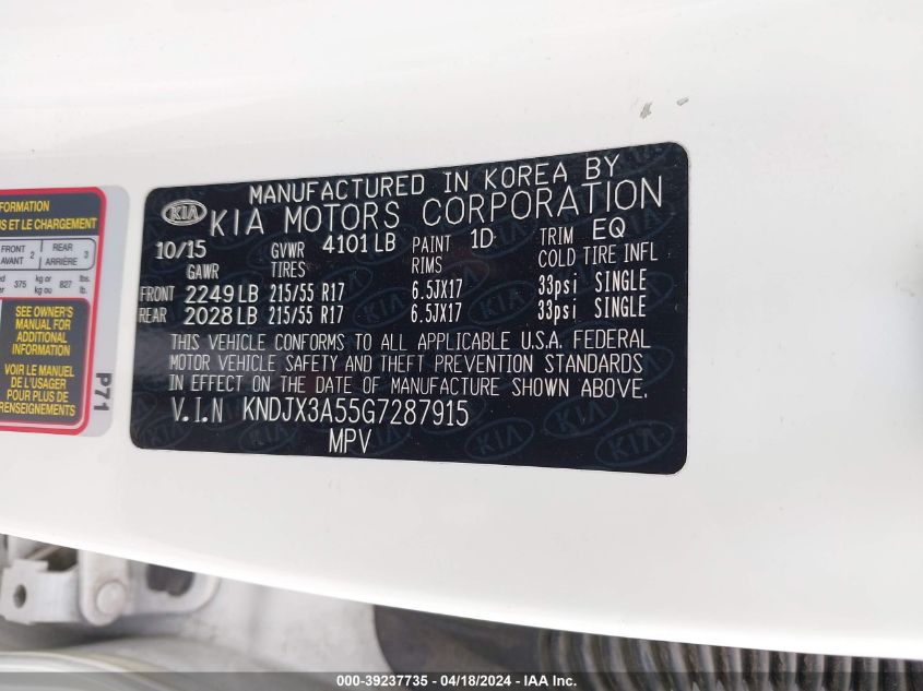 2016 Kia Soul ! VIN: KNDJX3A55G7287915 Lot: 39237735