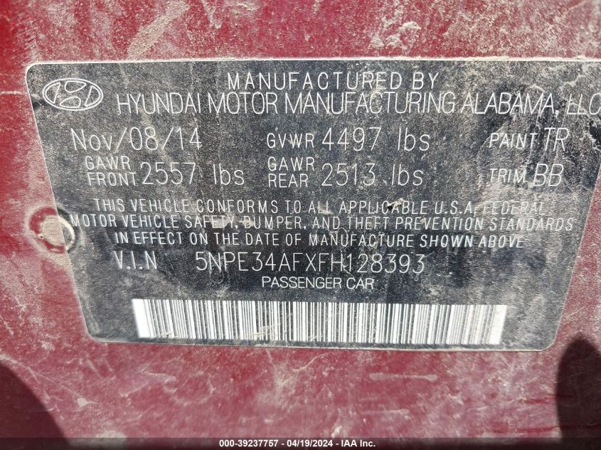 2015 Hyundai Sonata Limited VIN: 5NPE34AFXFH128393 Lot: 39237757