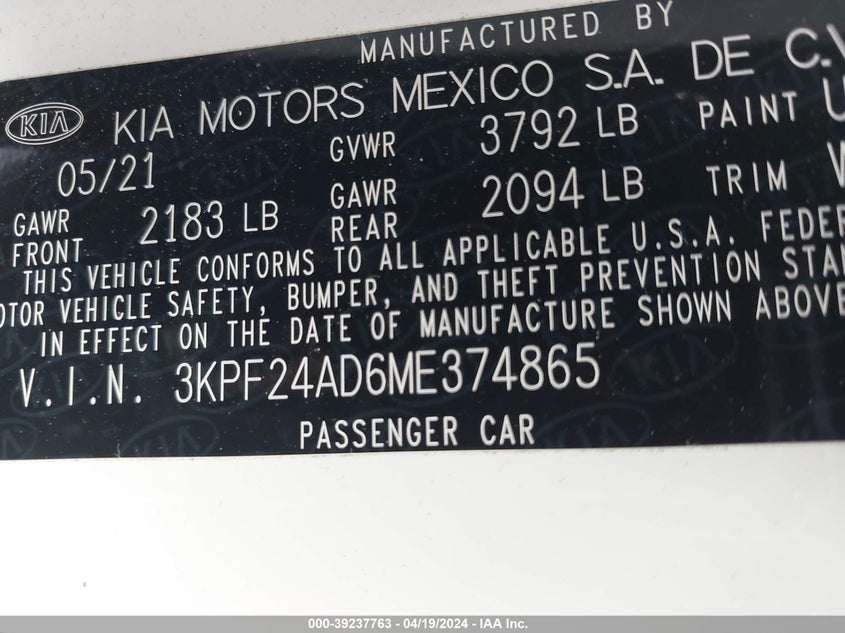 VIN 3KPF24AD6ME374865 2021 KIA FORTE FE/LXS